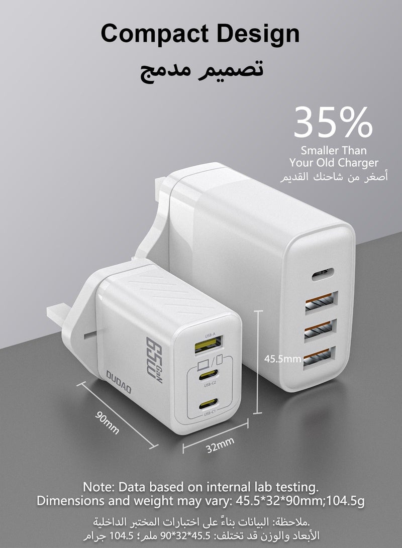 دوداو شاحن سريع GaN بقوة 65 واط – شاحن حائط Type-C مدمج بثلاثة منافذ (USB + 2×Type-C) – شحن آمن بتقنية 9 طبقات، تبريد ذكي، متوافق مع جميع الهواتف، الأجهزة اللوحية، اللابتوبات والساعات - Image 3